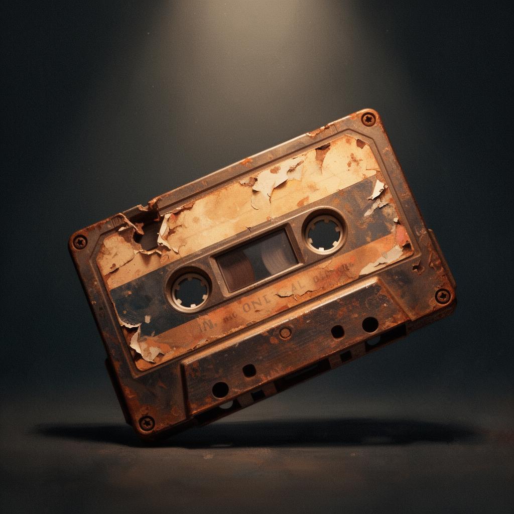 A weathered vintage cassette tape under a warm spotlight